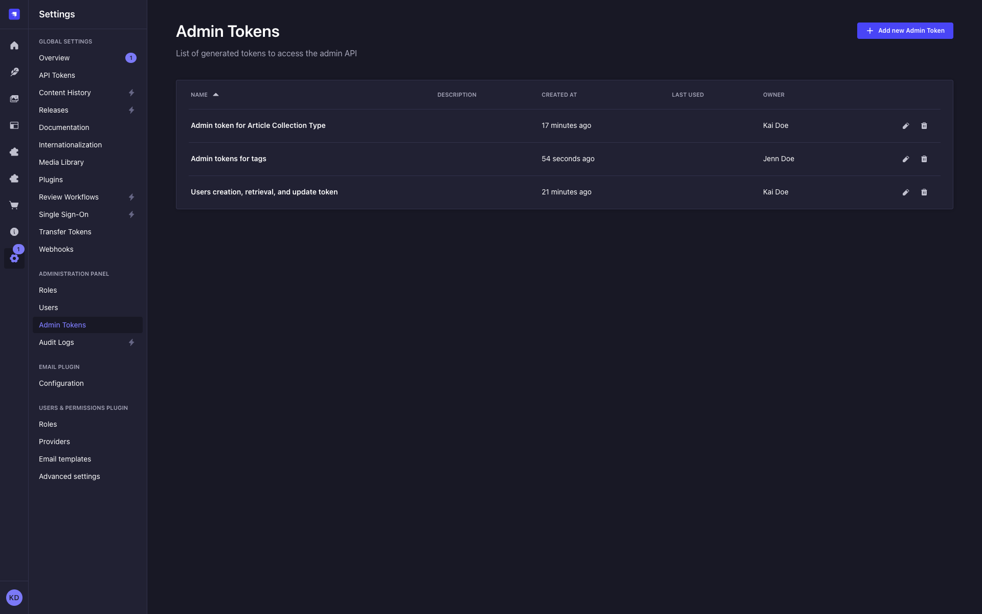 Admin tokens in the admin panel